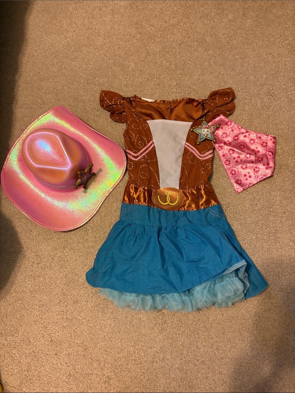 Girls' Brown and Blue Disney Sheriff Callie Cat Cowgirl Costume with Pink Hat